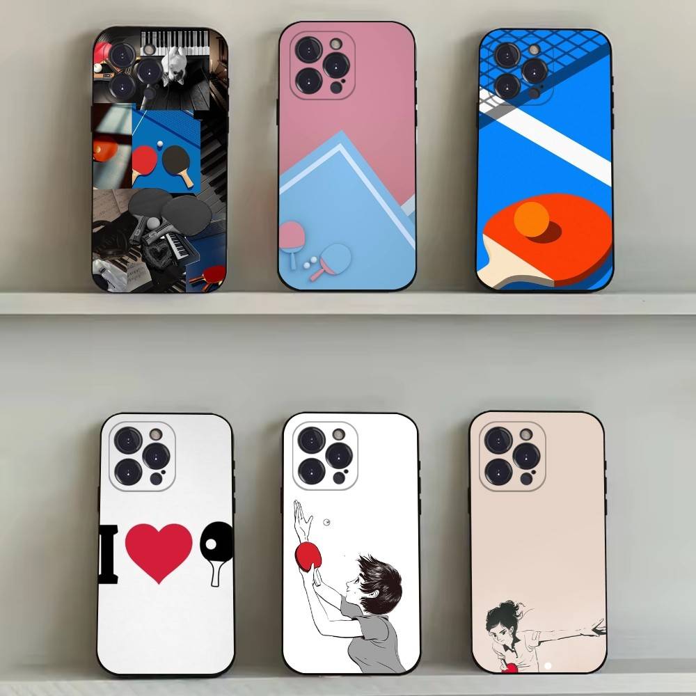 Table Tennis Cartoon - เคสโทรศัพท์ลายไม้ปิงปอง สำหรับ iPhone 16,15,14,13,12,11,Pro,Max,Plus,X,XS,SE4,E,Mini,เคสนิ่มสีดำ