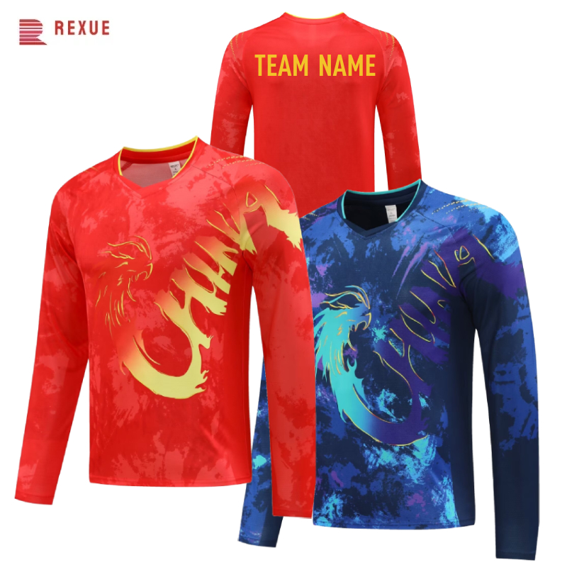 Table Tennis Usa Team - China Dragon แขนยาวตารางเทนนิสเสื้อ 2024 สีแดงสีฟ้าจีนทีมแบดมินตัน Jersey